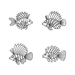Simple black and white illustrations of four exotic lionfish swimming in different directions