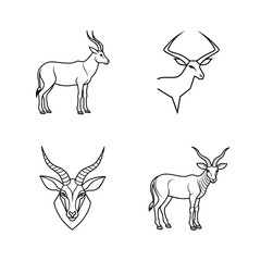 Set of antelope illustrations in line art style depicting various poses on a white background