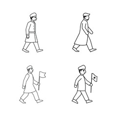 Walking men in traditional attire vector illustrations simple outlines marching forward with flags