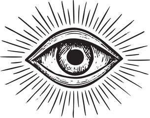A mystical eye with radiating rays, sketched in black-and-white, symbolizing cosmic vision and celestial mystery for art and design use