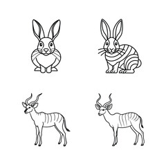 Black and white illustrations of rabbit and antelope animals in simple vector design