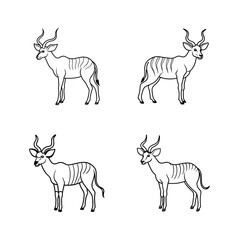 Minimalist black and white line art illustrations of graceful kudu antelopes in various poses