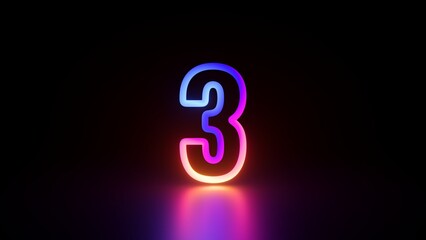 3d rendering. A glowing neon number three in vibrant colors of pink, blue, and orange, set against a dark background with blurry floor reflection