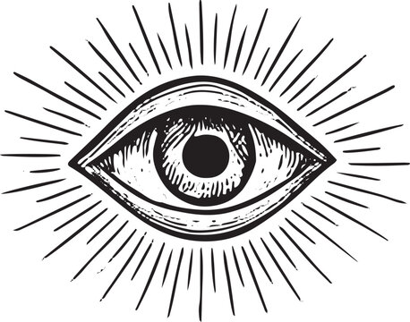 A mystical eye with radiating rays, sketched in black-and-white, symbolizing cosmic vision and celestial mystery for art and design use - Powered by Adobe