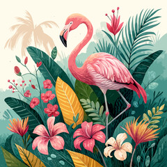 Flamingo bird with lush floral background, colorful exotic wildlife vector icon.svg