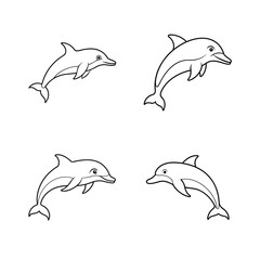 Four simple black and white line art illustrations of playful dolphins swimming