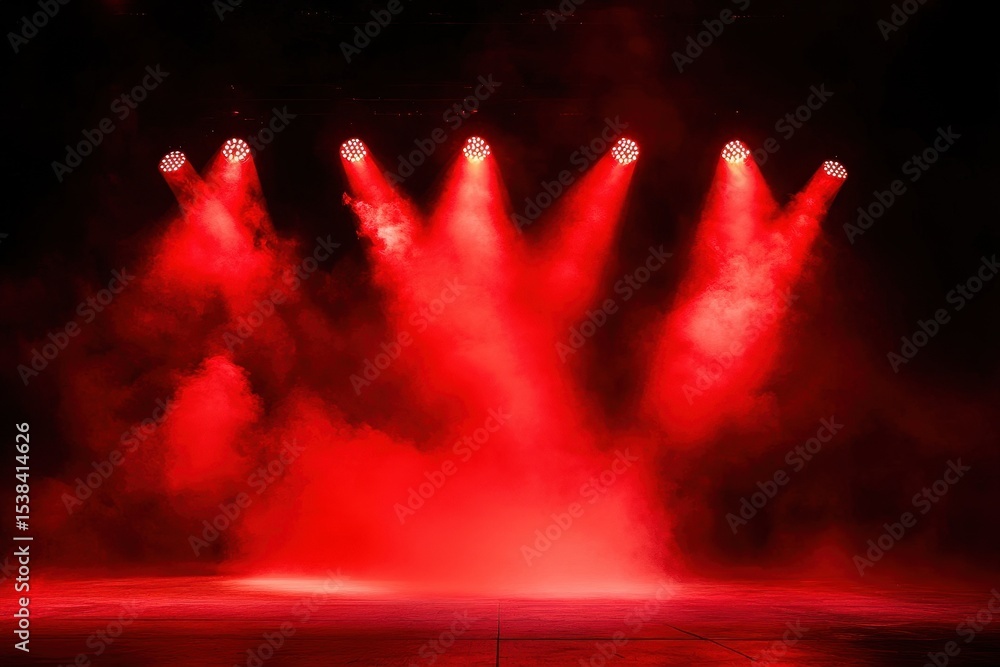 Poster empty stage illuminated with intense red lights and thick smoke ready for a performance or event at 