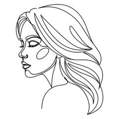 Black and white line art drawing of a woman profile long hair eyes closed serene minimalist style face