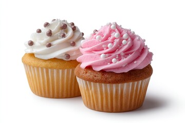 Two cupcakes one with white frosting and brown sprinkles the other with pink frosting and white sprinkles stand sidebyside