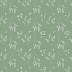 Seamless pattern with white twigs  on green background. Floral ornament for wallpaper, fabric, card.