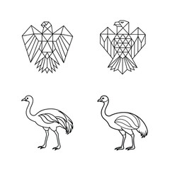 Black and white line art illustration of stylized geometric eagle and ostrich birds set