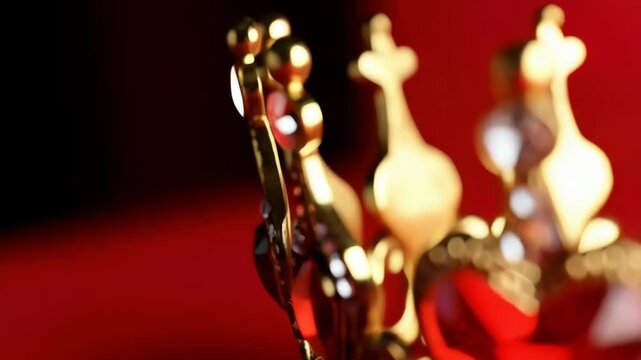 Golden crown with heart-shaped red gem displayed on a red background, a symbol of royalty and luxury.