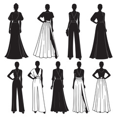 Eight Black and White Female Fashion Silhouettes Dresses Jumpsuits Skirts Long Flowing Gowns Elegant Styles
