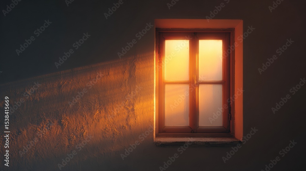 Poster Symbolic Closed Window With a Soft Inner Glow During Twilight Casts a Warm Ambiance in a Quiet Moment of Reflection