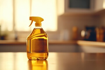 Bright and clean kitchen setting featuring a house cleaning product in focus amidst a blurred background showcasing a warm and inviting atmosphere during daylight hours