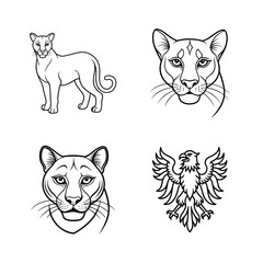Vector set of cougar and eagle designs in line art style for branding and illustrations