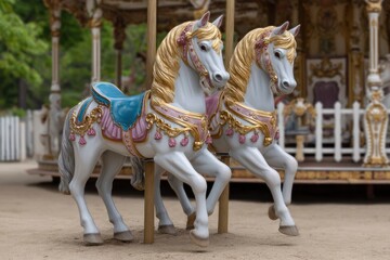 Two white carousel horses with gold manes adorned with pink and gold accents are mounted on poles against a blurred carousel background