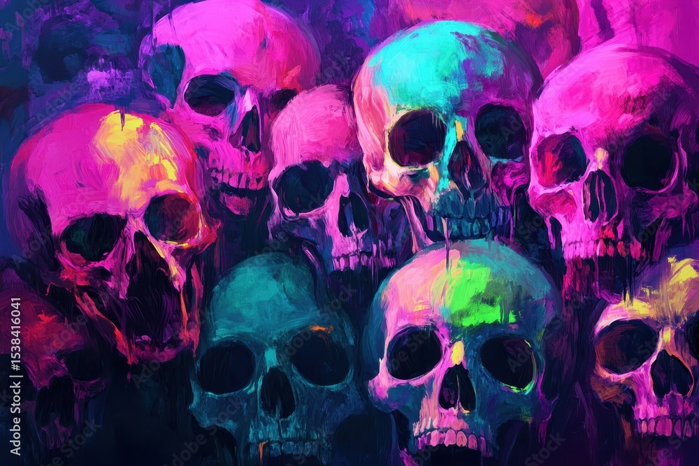 Poster vibrant collection of neon colored skulls creating a striking visual display in an artistic setting 