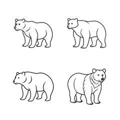 Outlined black and white bears set in different poses on a clean white background