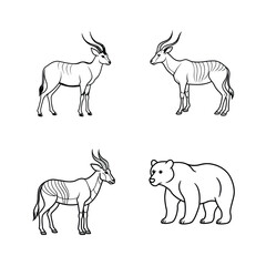 Black and white vector illustrations of antelope and bear in simple line art style