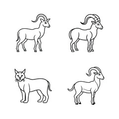 Outlined illustrations of goats and a cat in minimalist black and white design