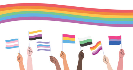 LGBT pride month horizontal banner with a big rainbow flag and lots of hands with various genders flags. Vector illustration for an annual celebration of gender diversity