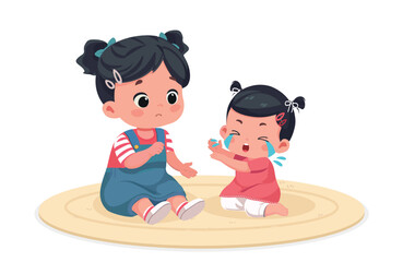 Cute Little Girl Comforting Crying Baby Sister – Cartoon Vector Illustration
