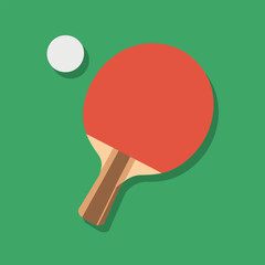 Table tennis equipment illustration a red ping pong paddle and white ball on a green background representing sport competition and leisure