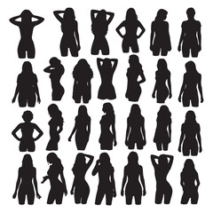Thirty black silhouettes of women various poses hair styles body types female girl