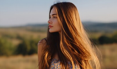 beautiful young woman with long hair in nature. Generative AI