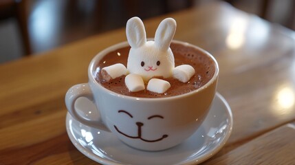 Cozy Treat - Adorable Bunny Marshmallows Floating in Delicious Hot Chocolate Drink