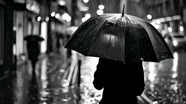 lone umbrella braving the rain melancholic black and white street photography.