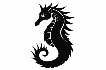 Striking black seahorse displays unique spiky fins and segmented body against a plain background