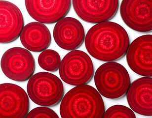 Slices of beetroot creating vibrant red pattern on white background