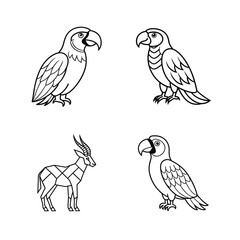 Collection of simple line art illustrations featuring parrots and a geometric antelope design