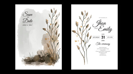 Set of Wedding Invitation, floral invite, thank you, rsvp rustic card design with gold foil decoration. Vector elegant modern template, trendy cover, graphic poster, retro brochure, design template