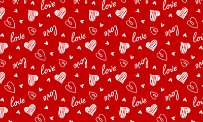 Seamless pattern with hand drawn cute red hearts ink vector illustration. Valentine's day wrapping pattern. Vector illustration.