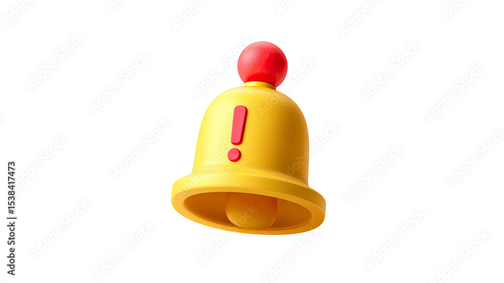Poster 3d rendered yellow notification bell with red exclamation point on transparent background