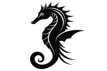 Striking seahorse profile is displayed in a sleek, bold black silhouette against a pure white background