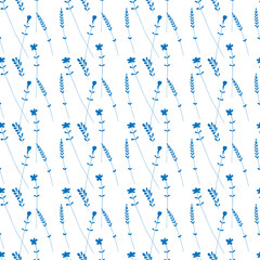Hand-drawn blue twigs and flowers on white background. Seamless pattern for templates, wallpaper, fabric. 