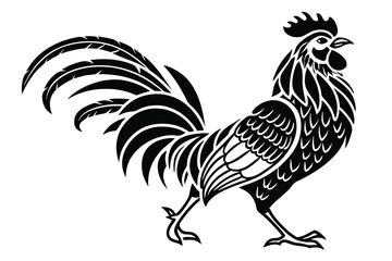 Bold black rooster struts confidently forward with its plumage proudly displayed on a white background