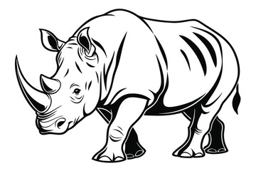 A bold rhino strides forward, outlined in stark black lines, creating a powerful presence