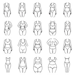 Twenty female body types line art illustrations various shapes sizes underwear bra swimwear black white simple minimalist drawings