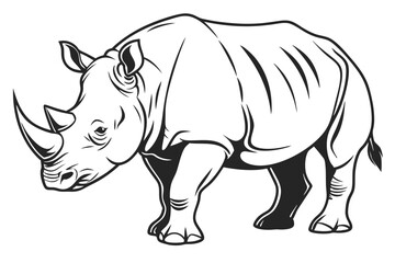 A powerful black and white rhino gazes forward with strength and determination in line art