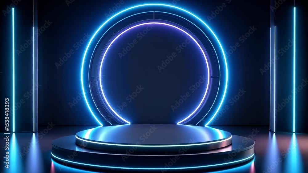 Poster futuristic stage platform illuminated with neon light rings and glowing vertical columns, dark backg