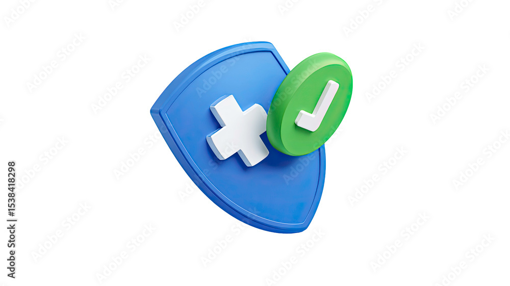 Poster blue shield with cross and checkmark on transparent background