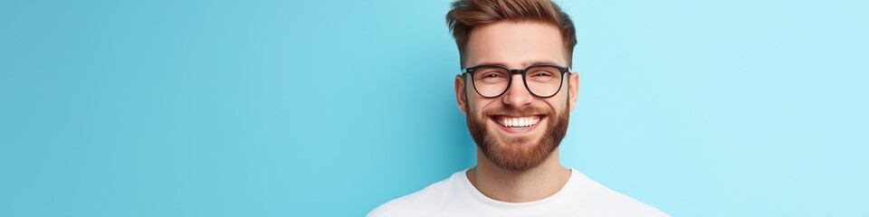 Obraz premium A man with glasses and a beard is smiling at the camera. He is wearing a white shirt and he is happy