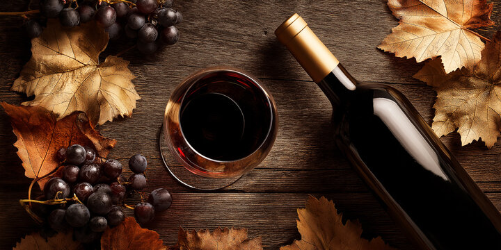 Bottle of red wine, wineglass, grapes on dark background