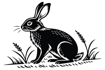 Silhouette of a black rabbit sits calmly amidst simple grass blades on white background