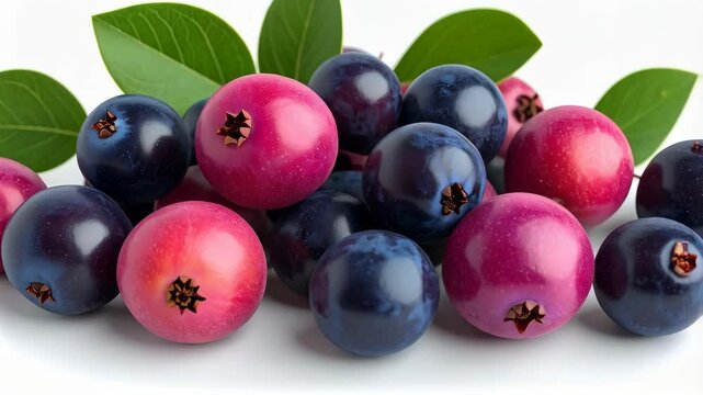 Heap of colorful lilly pilly berries and fresh green leaves isolated on white background, healthy eating concept and vibrant colors